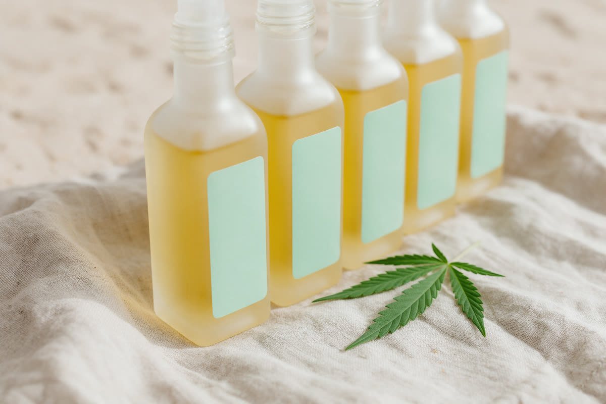 Frosted glass hemp seed oil bottles with blank mint labels on natural linen
