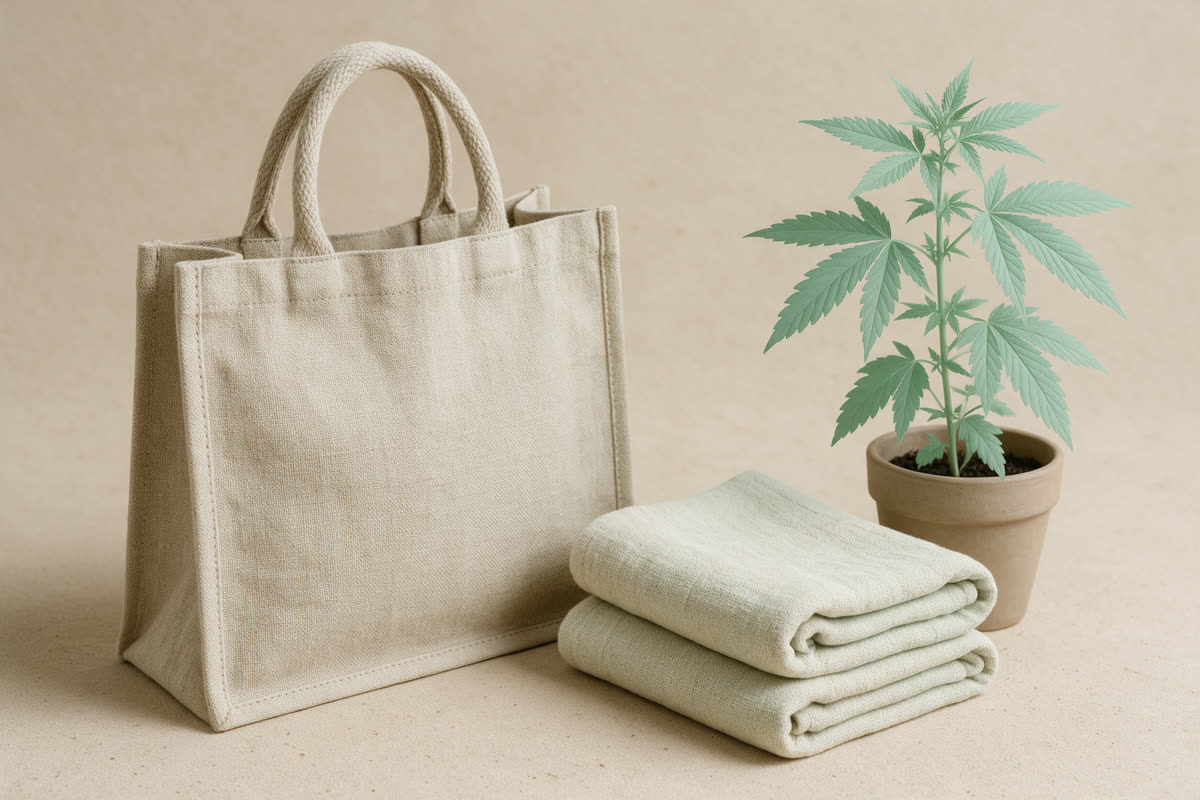 Natural hemp tote bag and folded hemp towels beside a potted hemp plant