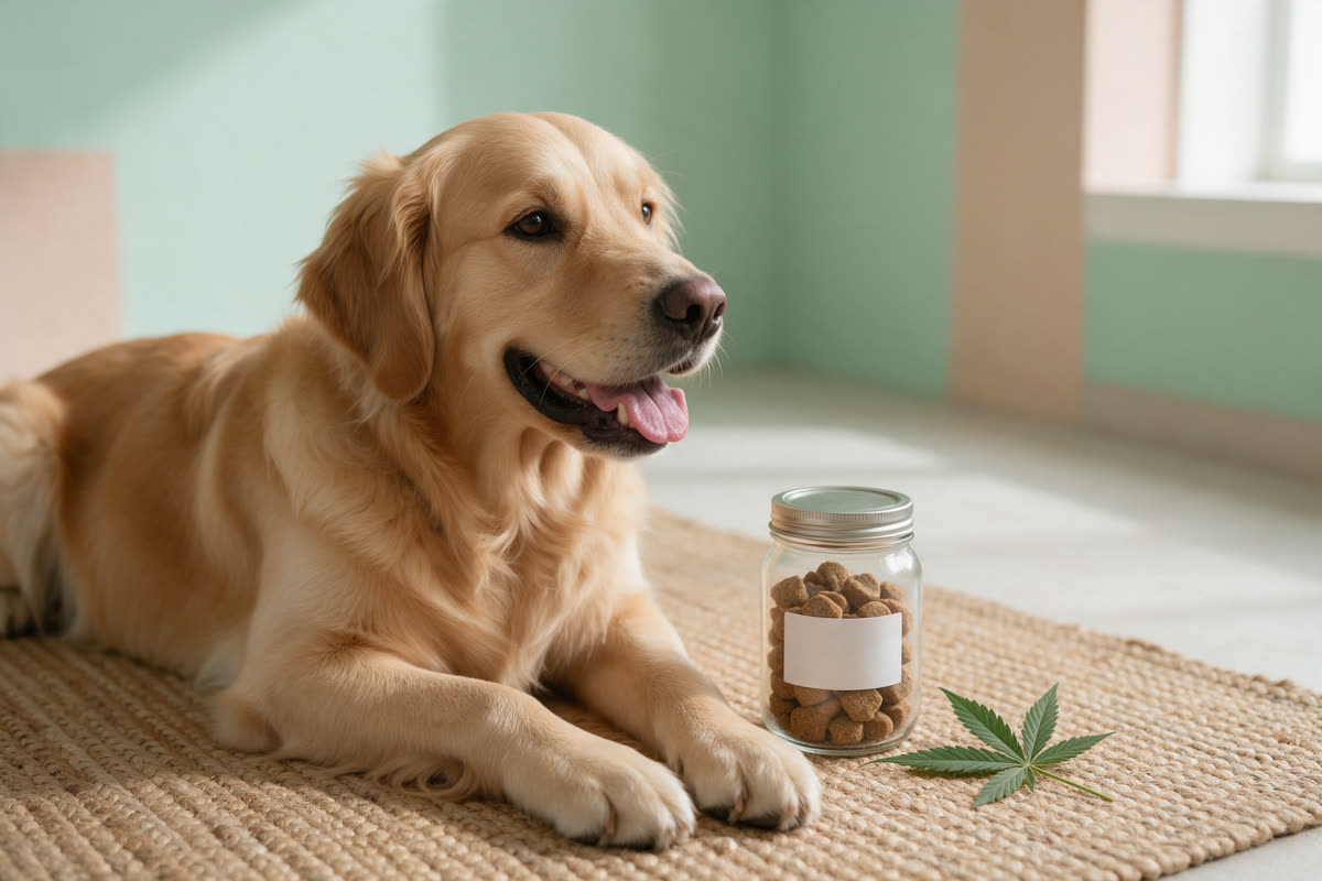Golden retriever on a woven hemp rug next to a jar of dog treats and a hemp leaf